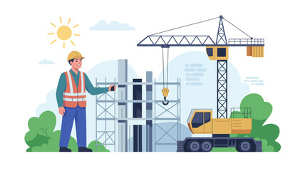 Fototapeta premium Construction worker overseeing building project with crane