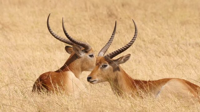 red lechwe resting and ruminating in yellow savannah 450