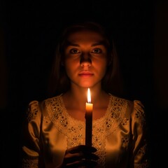 Mysterious woman in a vintage dress holding a single glowing candle in the dark.