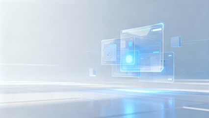 Futuristic holographic interface with floating transparent screens displaying data in a minimalist, blue-toned, high-tech digital environment