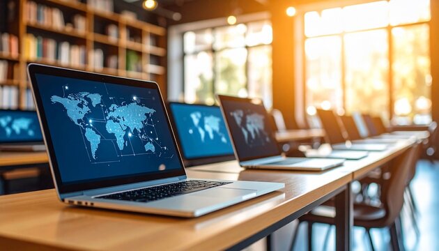 Modern workspace Laptops with world map display in library with warm light.