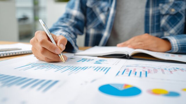 Business professional analyzing financial reports and graphs while taking notes in a notebook during a productive office work session with charts and data