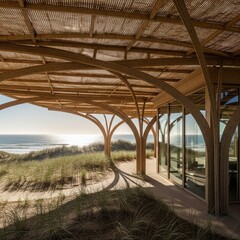 Organic wooden architecture on a sandy beach dune overlooking the ocean.