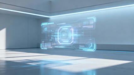 A futuristic holographic interface glows in a minimalistic, empty room with sleek blue neon displays, evoking advanced sci-fi technology