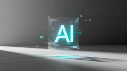 A futuristic holographic "AI" logo glows in neon cyan on a digital grid, projecting innovation and advanced technology in a dark, minimal, sci-fi setting