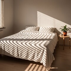 Peaceful bedroom scene with morning light and shadows from blinds.