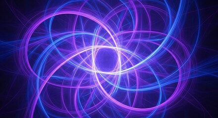 Dynamic abstract fractal composition featuring intertwined glowing blue and purple energy lines, creating a mesmerizing futuristic pattern suitable for technology and digital art backgrounds