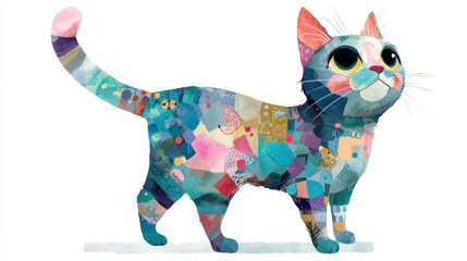 A colorful, artistic illustration of a cat, featuring a patchwork design with various patterns and vibrant colors.