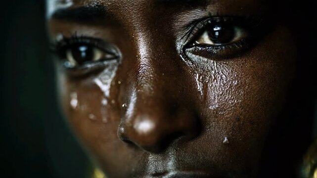 A close-up of a crying female face. The young African woman is experiencing grief and sadness, emotional stress, with tears in her eyes