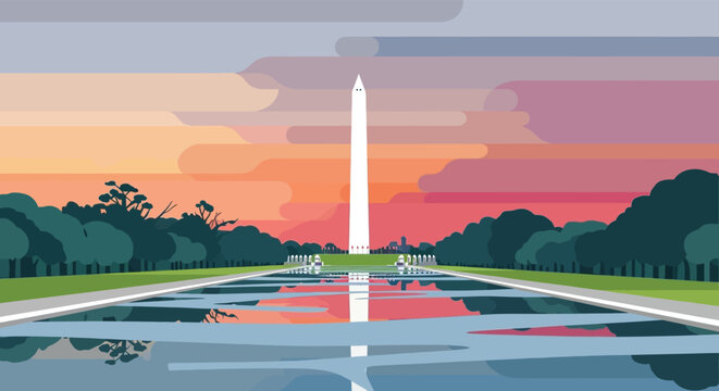 Iconic washington monument reflected in the lincoln memorial reflecting pool at sunset with colorful sky and trees