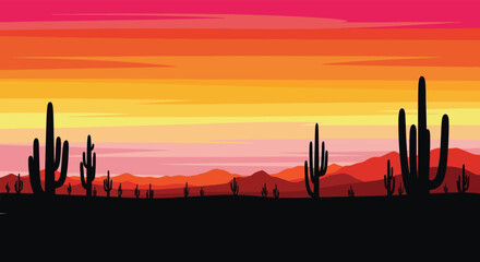 Vibrant desert landscape at sunset with saguaro cacti and distant mountains