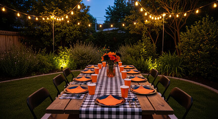 Outdoor dinner party setup with string lights and rustic wooden table. Enjoying outdoor dinner under festive string lights creates cozy ambiance.