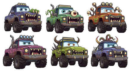 Funny Monster Trucks With Eyes Tentacles Horns On Transparent Background © Imtiaz