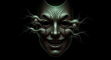 Naklejka premium Eerie mask with eye stalks looming in shadowed darkness, bizarre mask is a chilling apparition. Macabre details shape unsettling portrait with grinning teeth and eye stalk details,