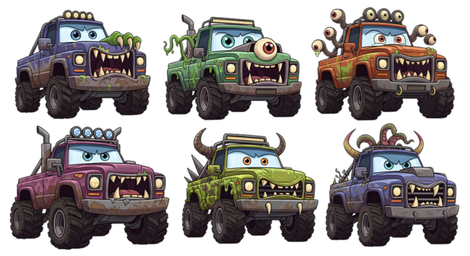Funny Monster Trucks With Eyes Tentacles Horns On Transparent Background
