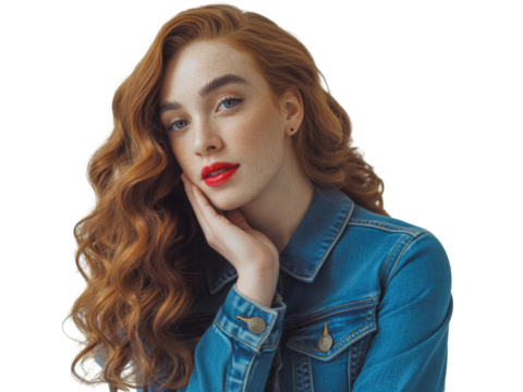Young woman with wavy red hair and denim jacket isolated on transparent background