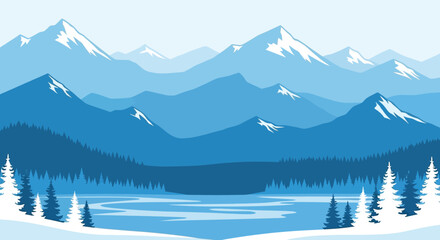 Serene winter mountain landscape with snow covered peaks and frozen lake in foreground