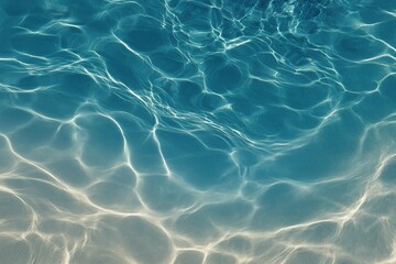 Serene blue water texture with intricate ripple patterns and sandy sea floor, top view close-up of aquatic details, ideal for nature backgrounds or ocean conservation themes.