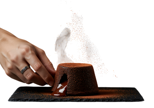 Chocolate lava cake being broken with molten center on transparent background