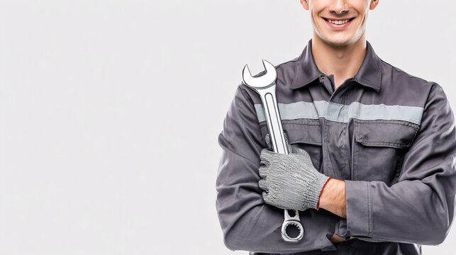 Smiling Mechanic Holding Wrench on White
