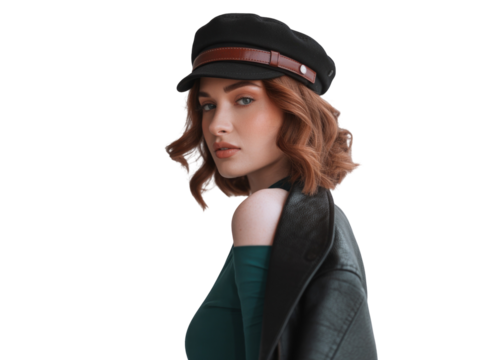 Young woman wearing a cap and jacket isolated on transparent background