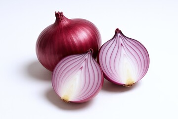 Fresh Red Onion Still Life: Whole and Halved Vegetables on White Background