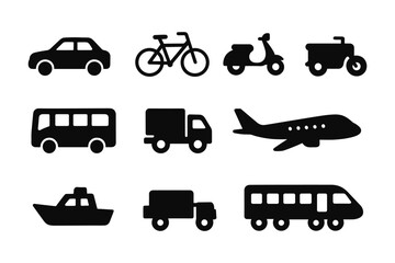 Silhouette icons of various transportation modes including cars, bikes, and planes