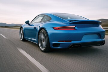 Sleek Blue Sports Car Driving on Open Road: Automotive Design and Performance, Rear View