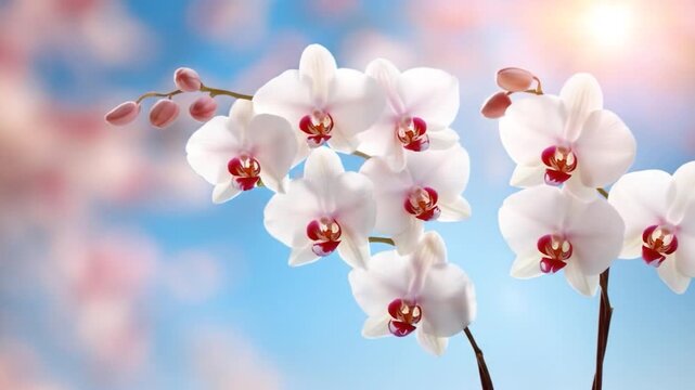White orchid flowers blooming with buds against a vibrant blue sky background with soft sunlight and bokeh effect