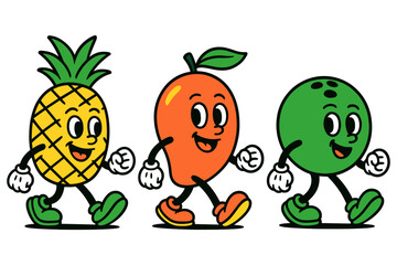 Obraz premium Cheerful cartoon fruits walking with smiling expressions
