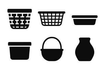 Set of black silhouette household containers and baskets