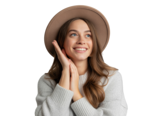 Young woman wearing a wide brimmed hat smiling and looking up isolated on transparent background