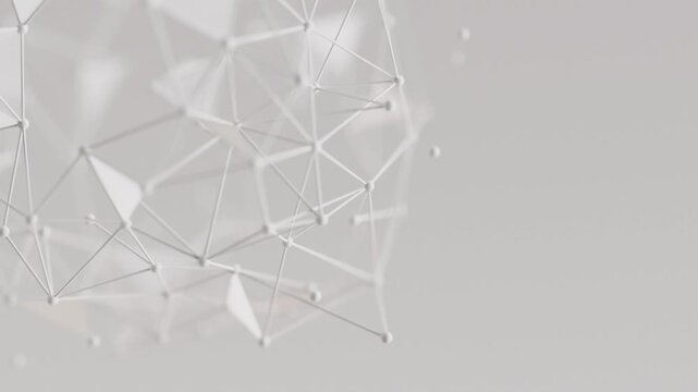 White plexus 3d motion background. Interconnecting white geometric shapes, forming a dynamic network structure, concept of data connection, molecular bonds, or complex systems.