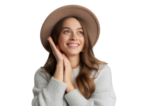 Young woman wearing a wide brimmed hat smiling and looking up isolated on transparent background