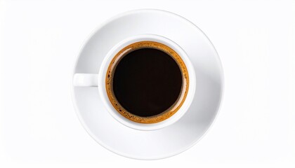 Overhead view of a fresh with hot cup of black coffee, and isolated on white.