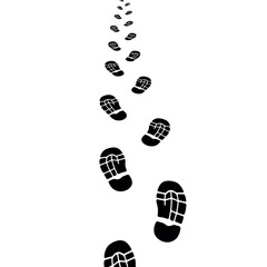 Footprints on a white background black boot prints walking path human steps.