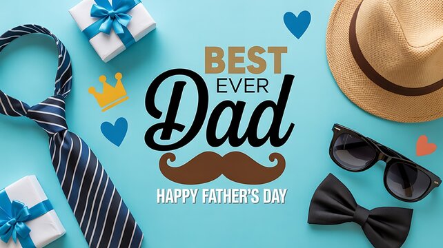 Best ever dad with tie, hat, sunglasses, gift box for fathers day celebration
