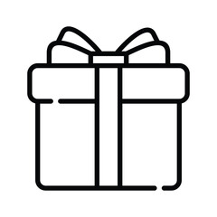 A black and white line drawing depicts a gift box with a bow on top