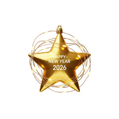 Golden star ornament wishes happy new year 2026 on transparent background