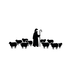 Shepherd with sheep in a field silhouette.