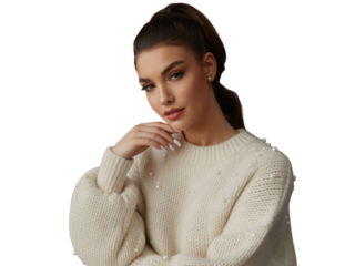 Young woman in cream sweater posing thoughtfully isolated on transparent background