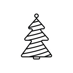A black and white line drawing of a Christmas tree with horizontal stripes and a small ball at the top