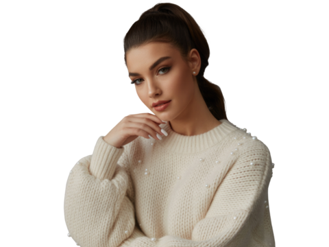 Young woman in cream sweater posing thoughtfully isolated on transparent background