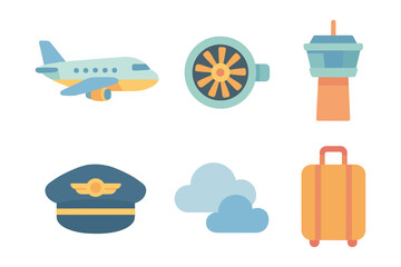 Naklejka premium Flat style aviation icons set with airplane, engine, control tower, pilot hat, clouds, and suitcase