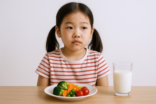 Unhappy Young Asian Girl Refusing to Eat Vegetables with Milk on a Wooden Table