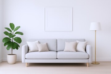 Minimalist Living Room Interior with Gray Sofa, Blank Frame, Plant, and Floor Lamp for Mockup