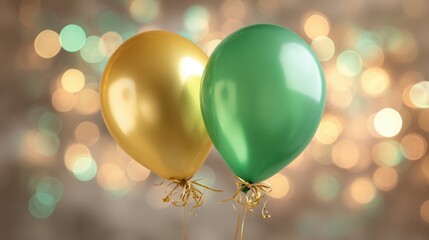 Festive golden and green balloons with shiny surface against a soft blurred background of sparkling lights for joyful celebration and party events