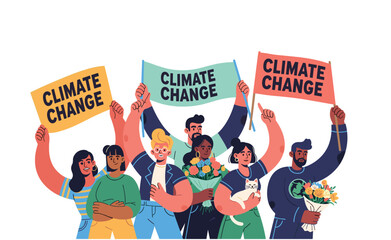 Diverse group of eco activists raising signs for climate justice, global sustainability, renewable energy, and environmental protection.