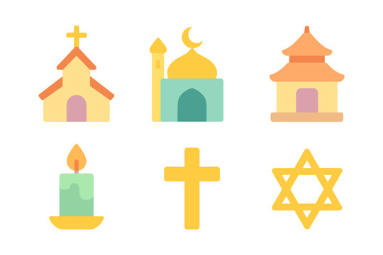 Flat style religious symbols with church, mosque, temple, candle, cross, and star