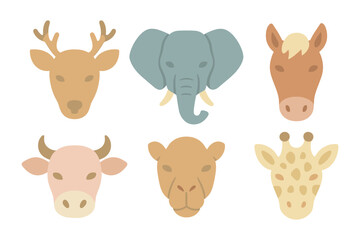 Fototapeta premium Cute animal heads in a flat cartoon style featuring elephant, giraffe, and more
